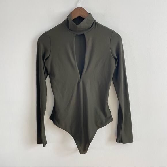 ALIX NYC | Women’s Hewlett Bodysuit Pine Green Turtleneck Open Plunge Deep V Top - Picture 2 of 10